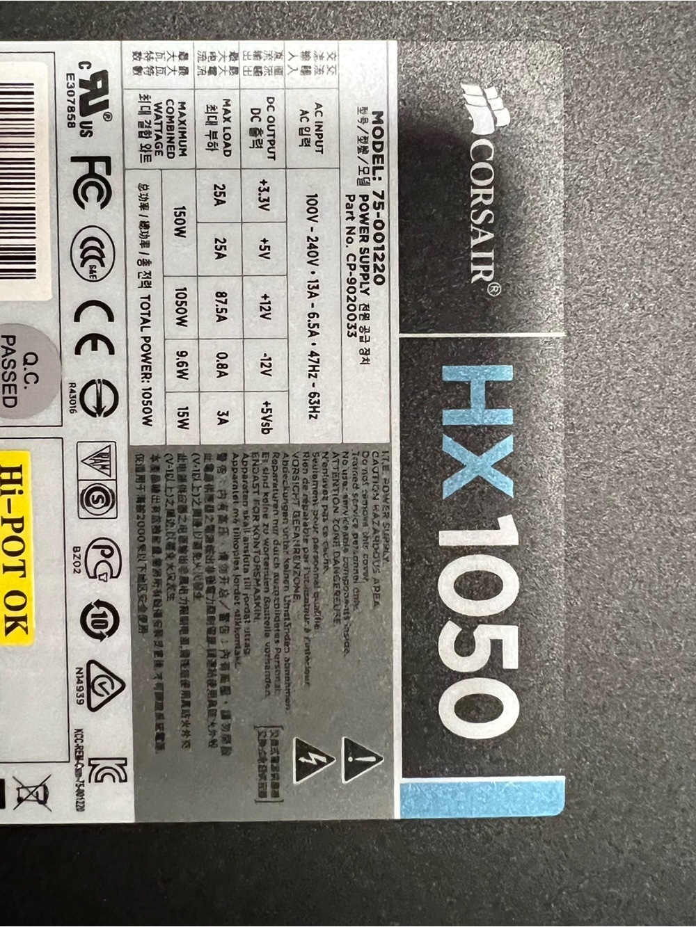 Corsair HX1050 Power Supply - Silver & Blue Accent